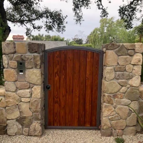 Wood pedestrian gate with security system